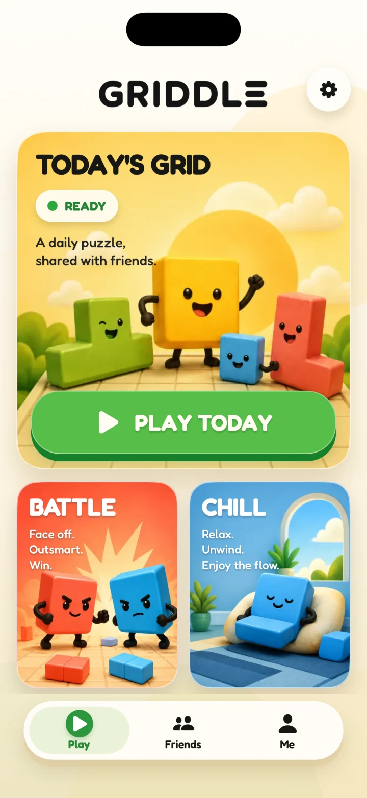 The Griddle app Home screen, with Today’s Grid, Battle, and Chill